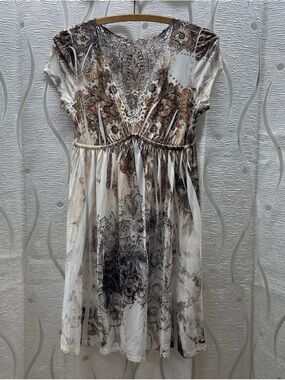 S-Twelve Dress Women Small Cream Brown Boho Rhinestone Lace Crochet V-Neck Exc